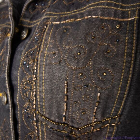 Laura Ashley brown beaded embroidered button up jean jacket, size M - Picture 8 of 16